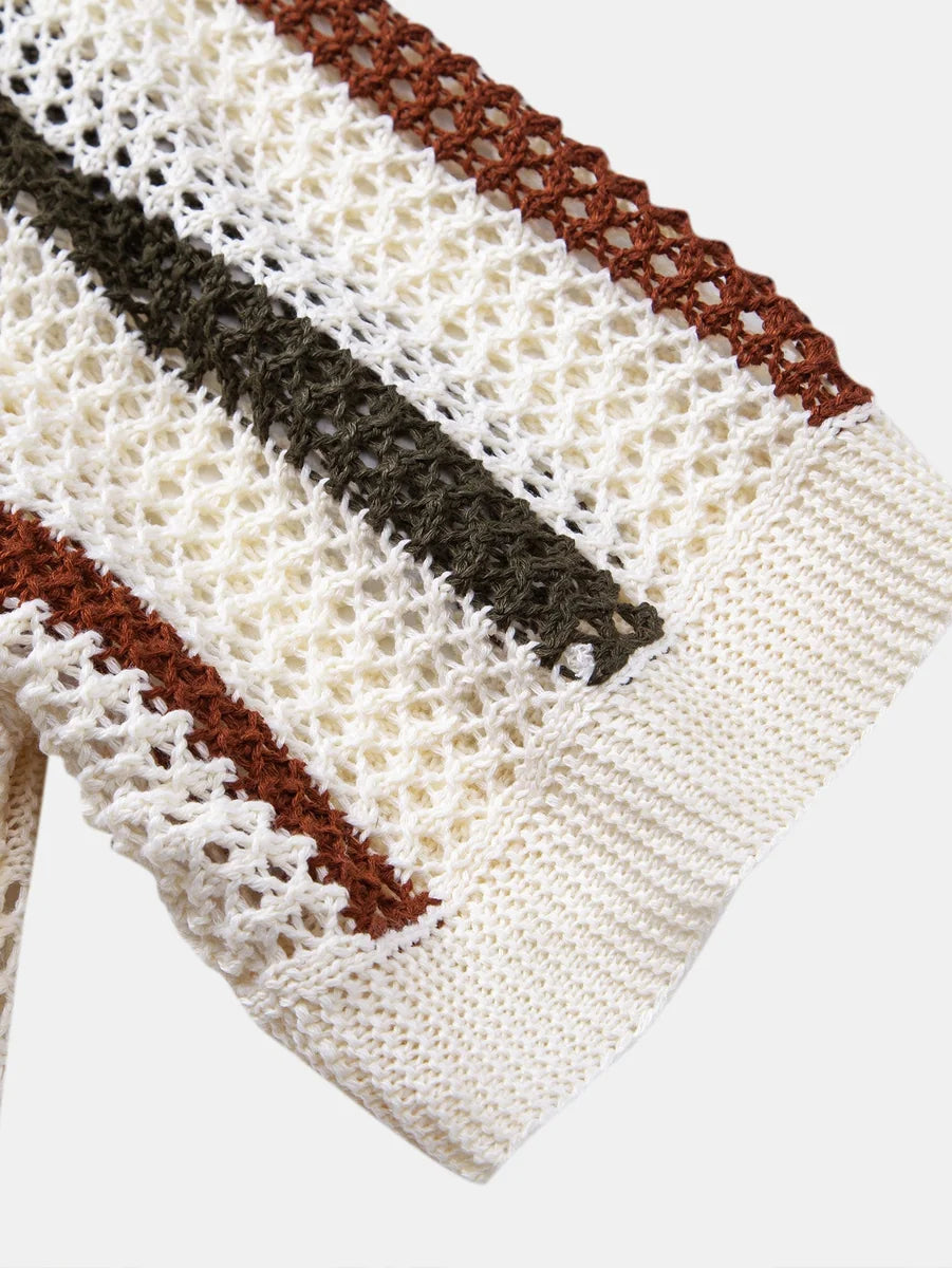 Striped Crochet Polo with V-Neck and Straight-Leg Linen Pants