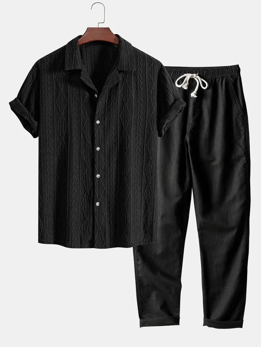 Geometric Jacquard Cuban Shirt and Straight-Leg Linen Pants