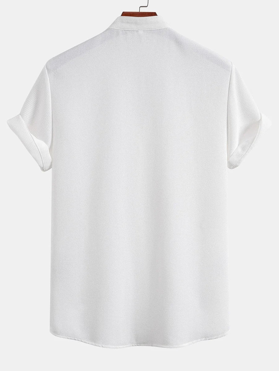 Waffle Texture Shirt with Mandarin Collar