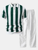 Striped Eyelet Knit Polo Shirt and Straight-Leg Linen Pants with Zipper