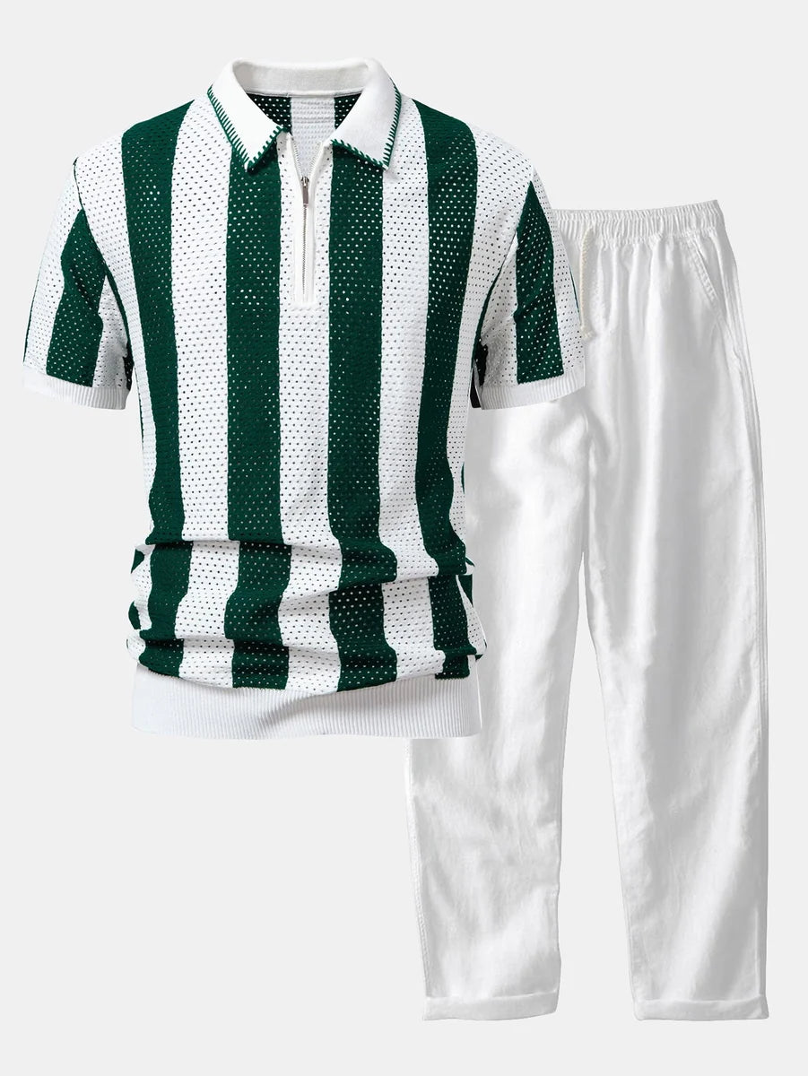 Striped Eyelet Knit Polo Shirt and Straight-Leg Linen Pants with Zipper