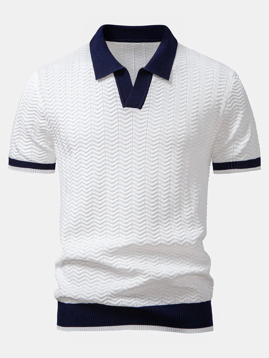 Knit Polo Shirt with Textured Contrast and Slim Tapered Fit Pants