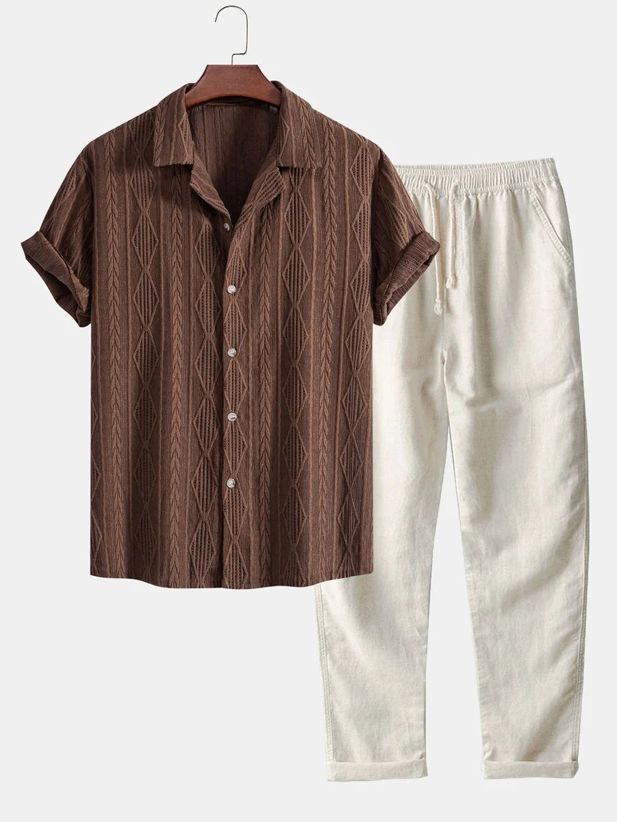 Geometric Jacquard Cuban Shirt and Straight-Leg Linen Pants