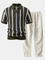 Striped Crochet Polo with V-Neck and Straight-Leg Linen Pants