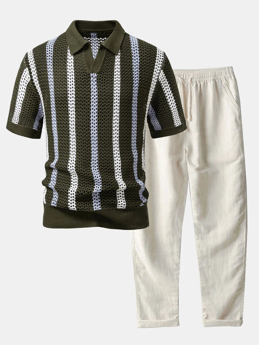 Striped Crochet Polo with V-Neck and Straight-Leg Linen Pants