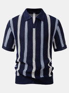 Striped Crochet Polo with V-Neck and Straight-Leg Linen Pants
