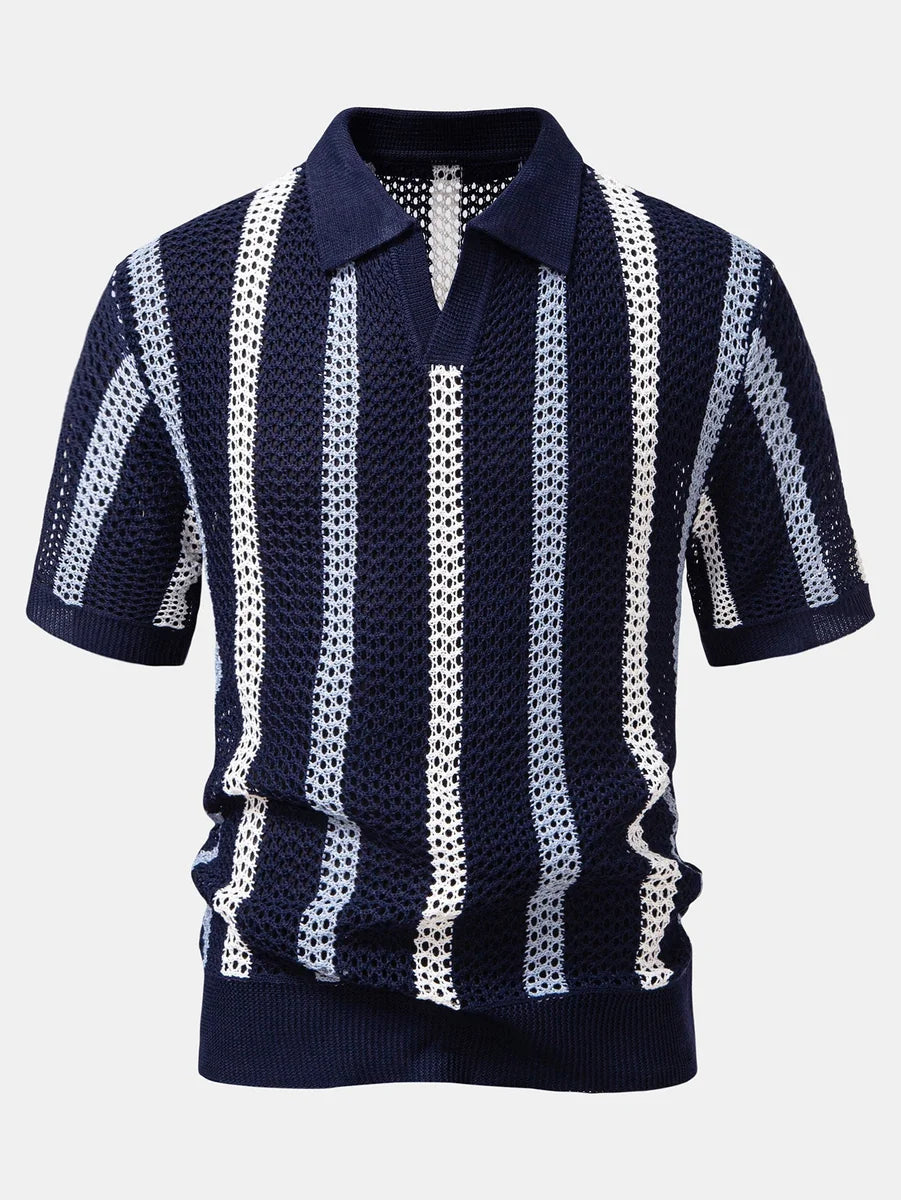 Striped Crochet Polo with V-Neck and Straight-Leg Linen Pants