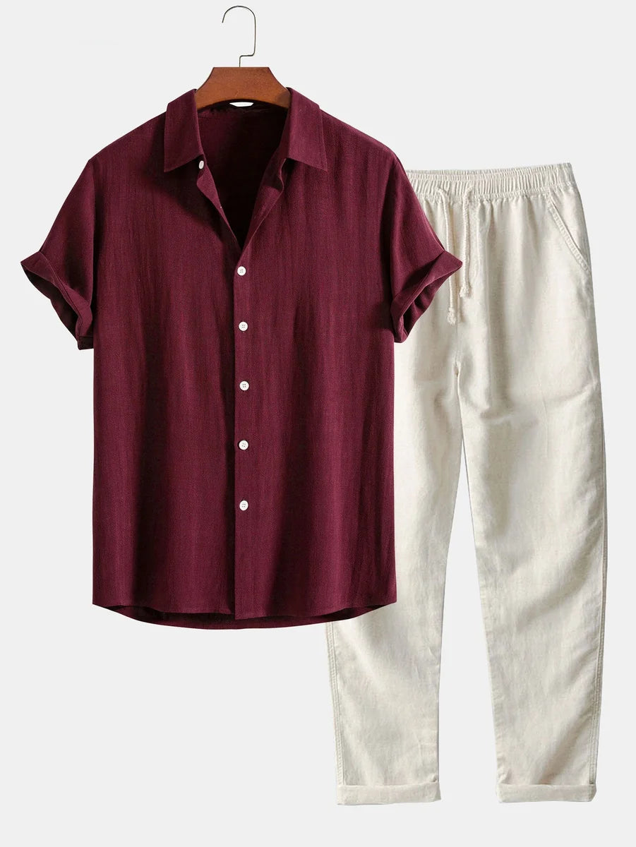 Linen Rayon Blend Button Shirt and Straight-Leg Linen Pants