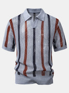 Striped Crochet Polo with V-Neck and Straight-Leg Linen Pants
