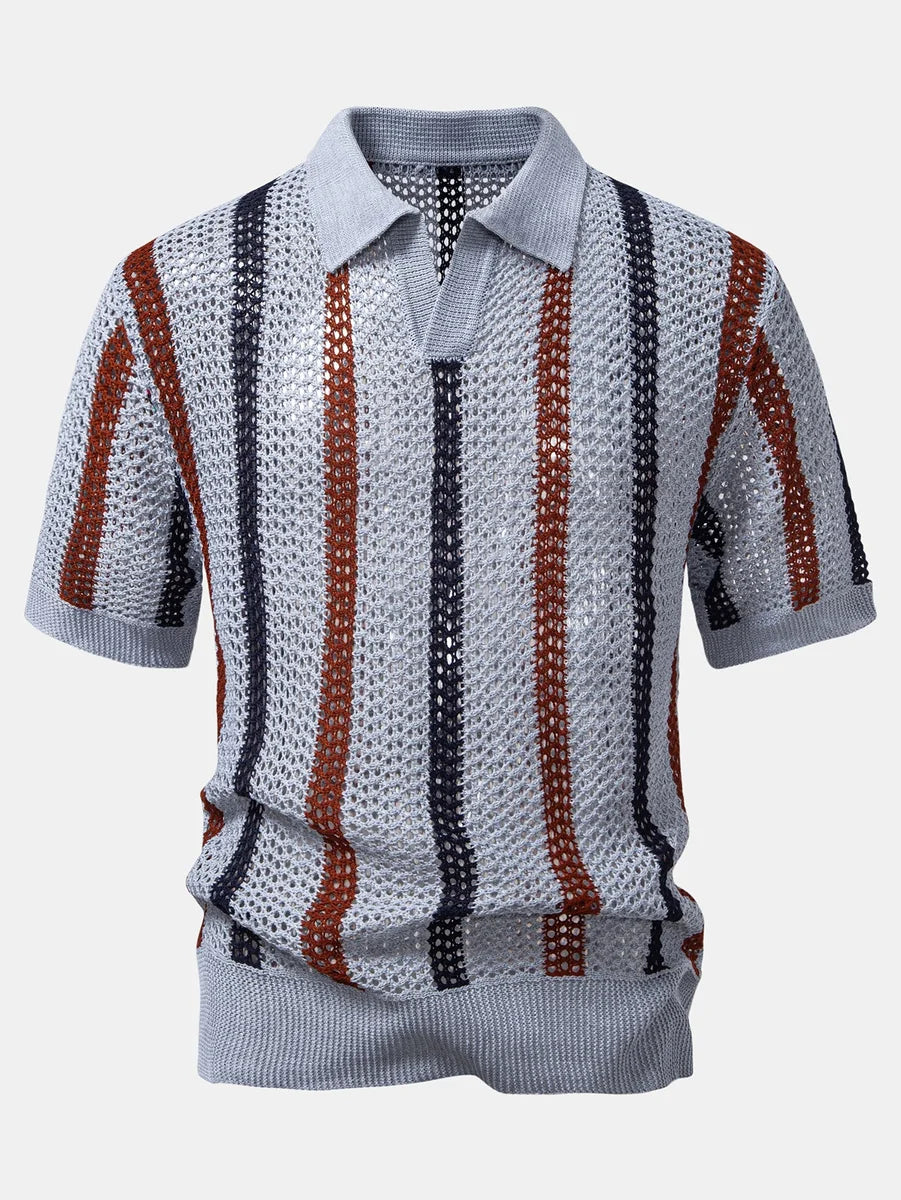 Striped Crochet Polo with V-Neck and Straight-Leg Linen Pants