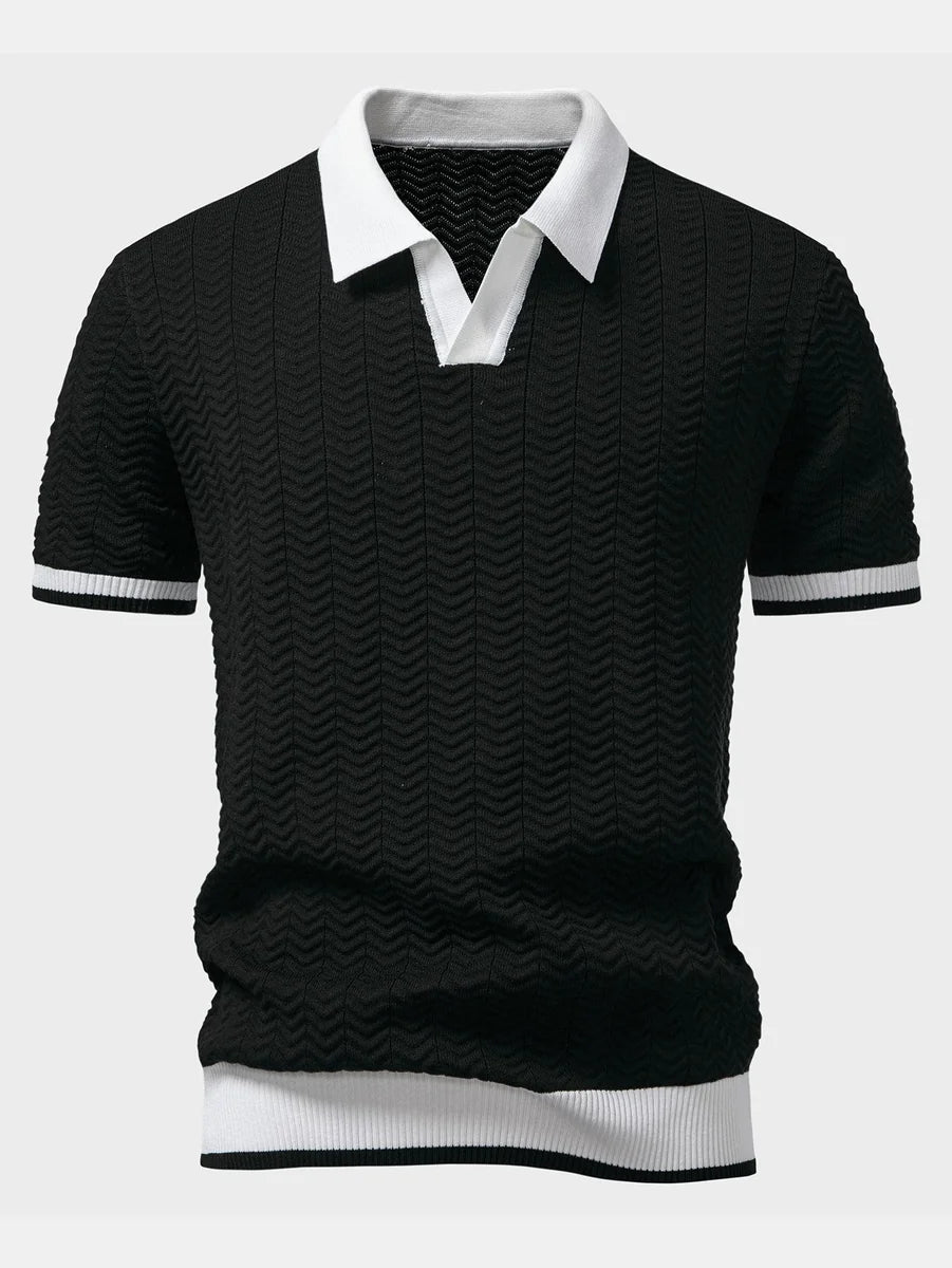Knit Polo Shirt with Textured Contrast and Slim Tapered Fit Pants
