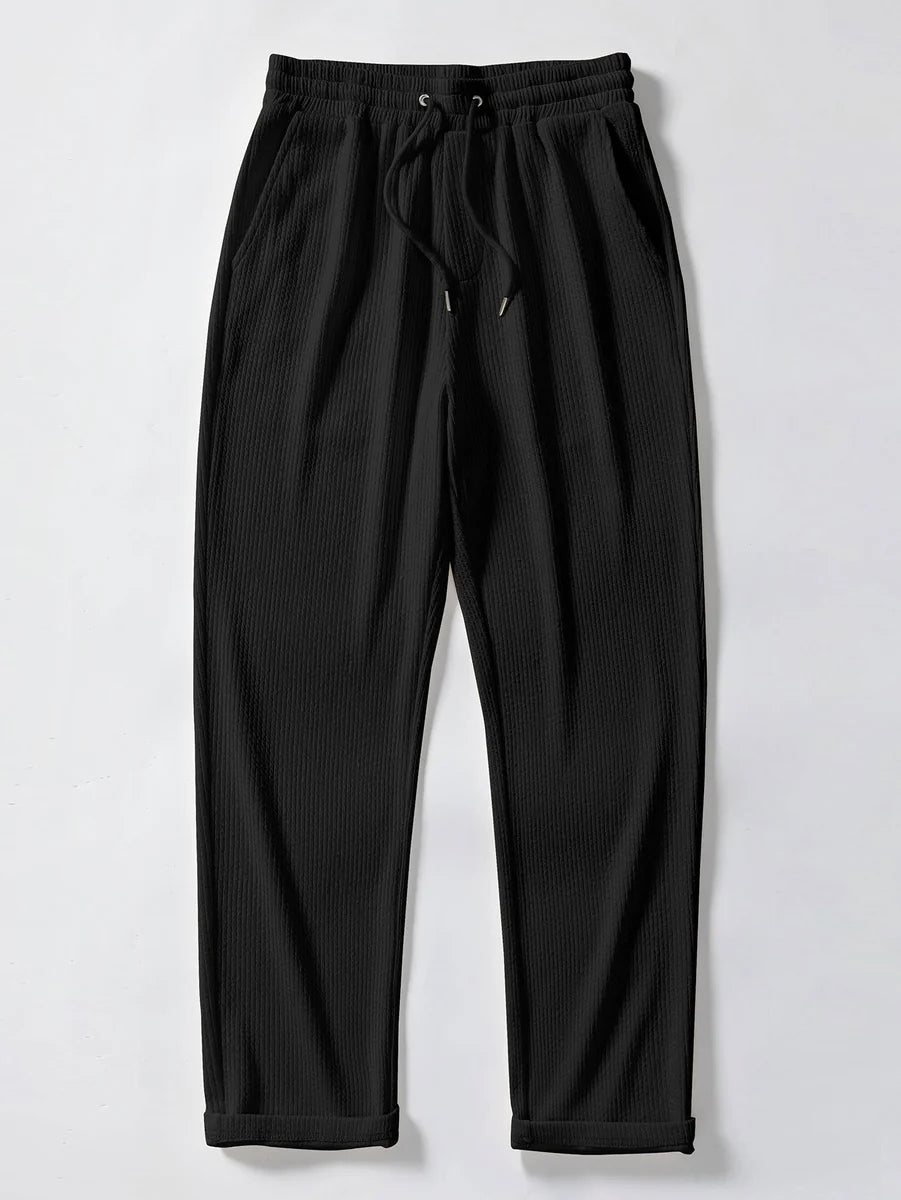 Knit Polo Shirt with Zipper & Straight-Leg Ribbed Pants