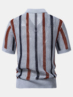 Striped Crochet Polo with V-Neck and Straight-Leg Linen Pants