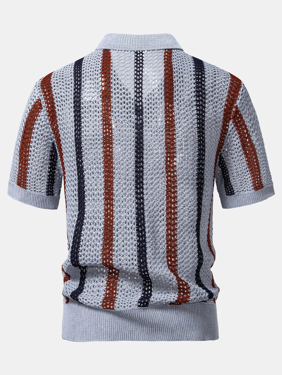 Striped Crochet Polo with V-Neck and Straight-Leg Linen Pants