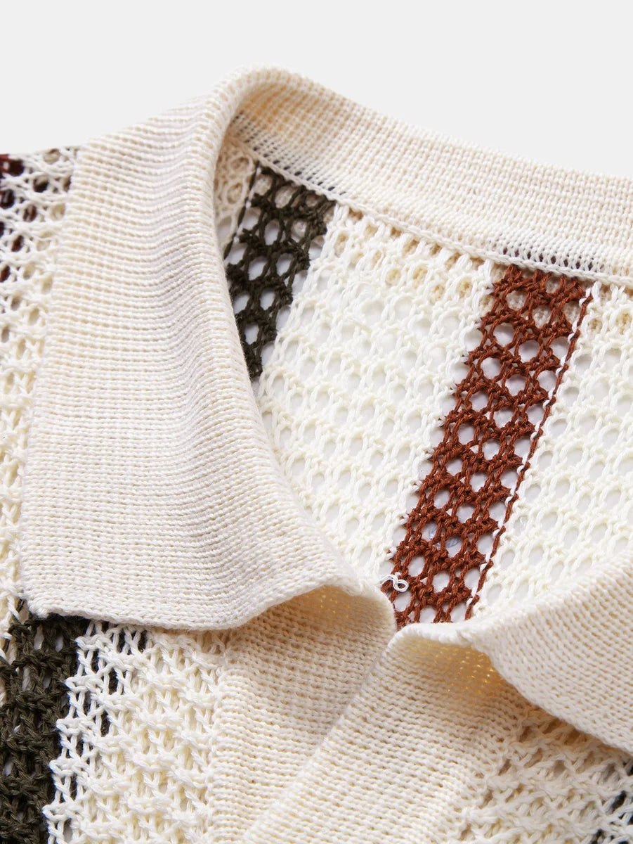 Striped Crochet Polo with V-Neck and Straight-Leg Linen Pants