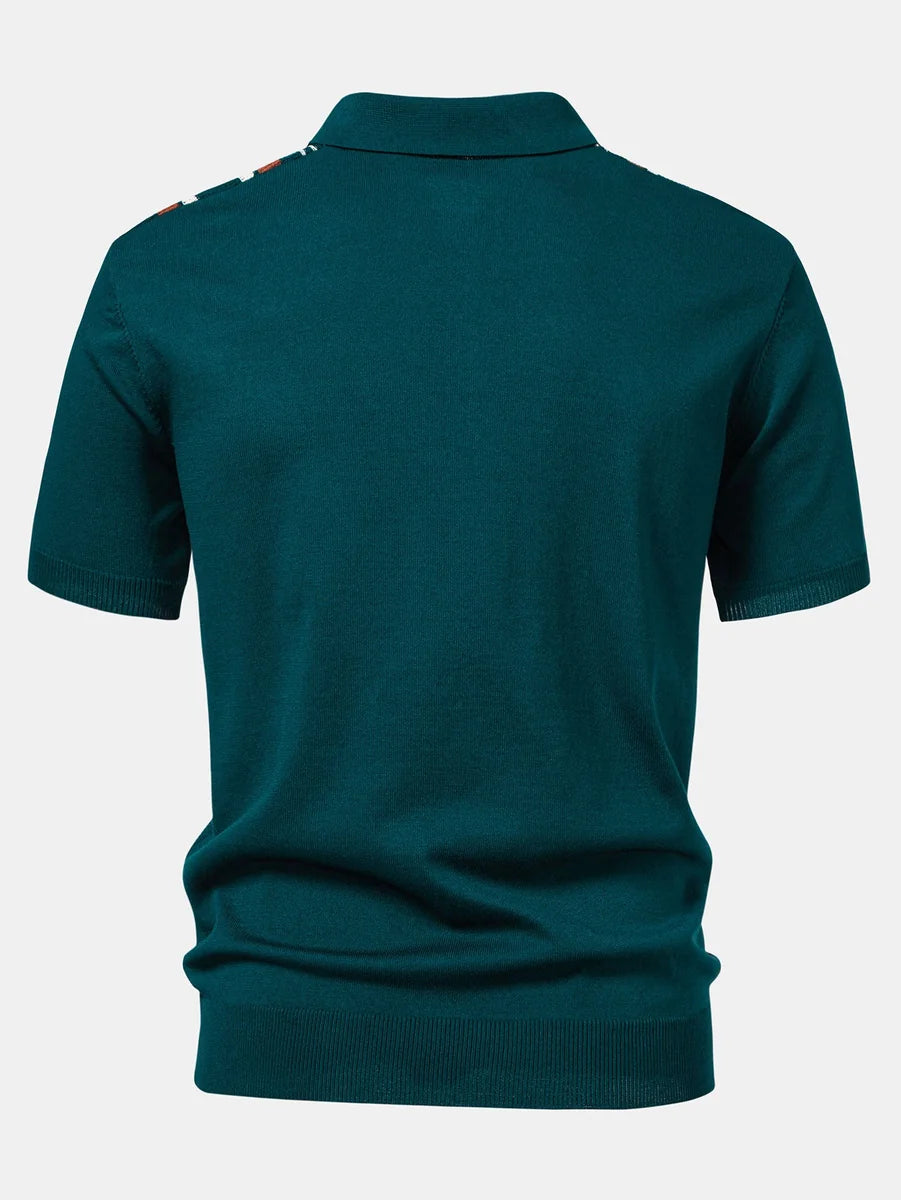Knit Polo Shirt with Zipper & Straight-Leg Ribbed Pants