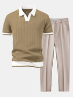 Knit Polo Shirt with Textured Contrast and Slim Tapered Fit Pants