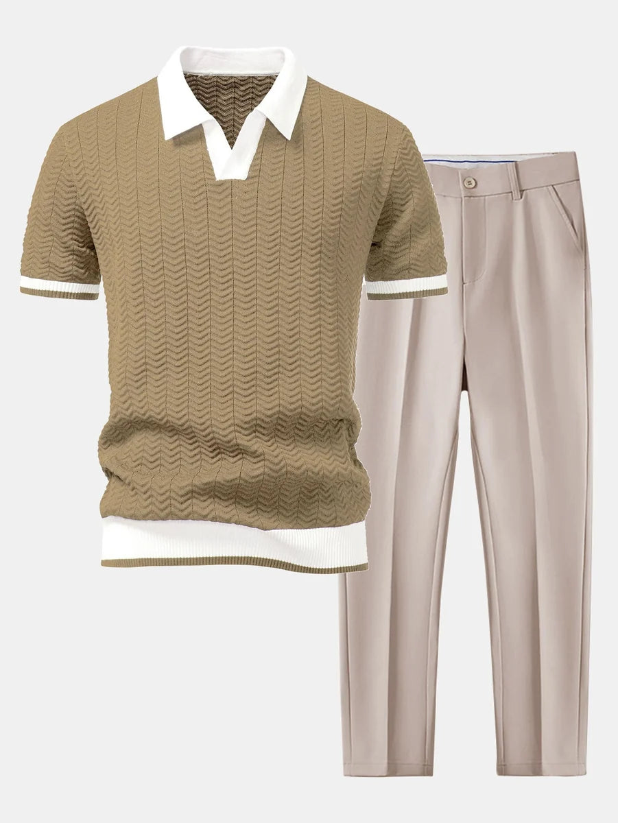 Knit Polo Shirt with Textured Contrast and Slim Tapered Fit Pants