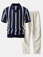 Striped Crochet Polo with V-Neck and Straight-Leg Linen Pants