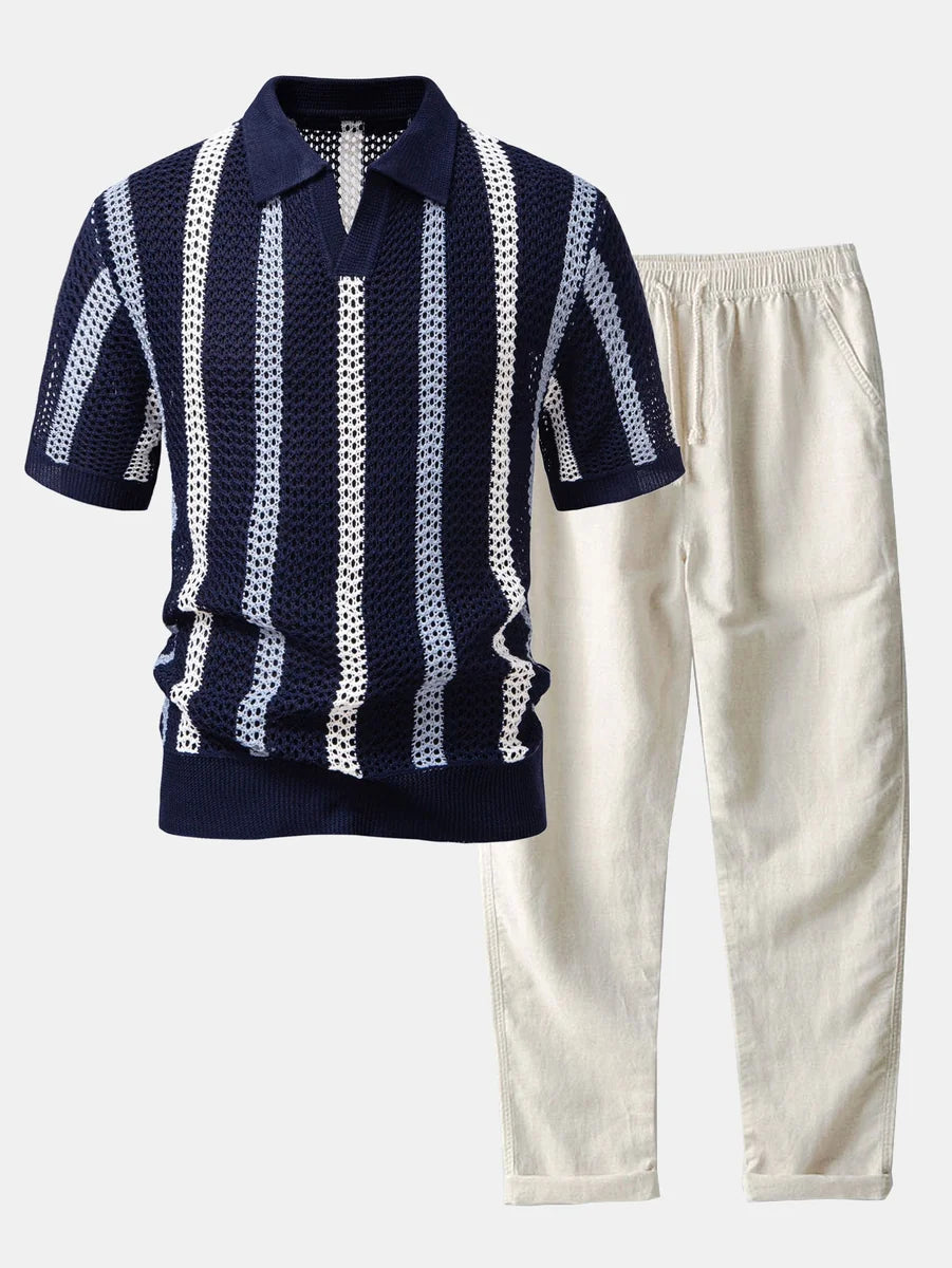 Striped Crochet Polo with V-Neck and Straight-Leg Linen Pants