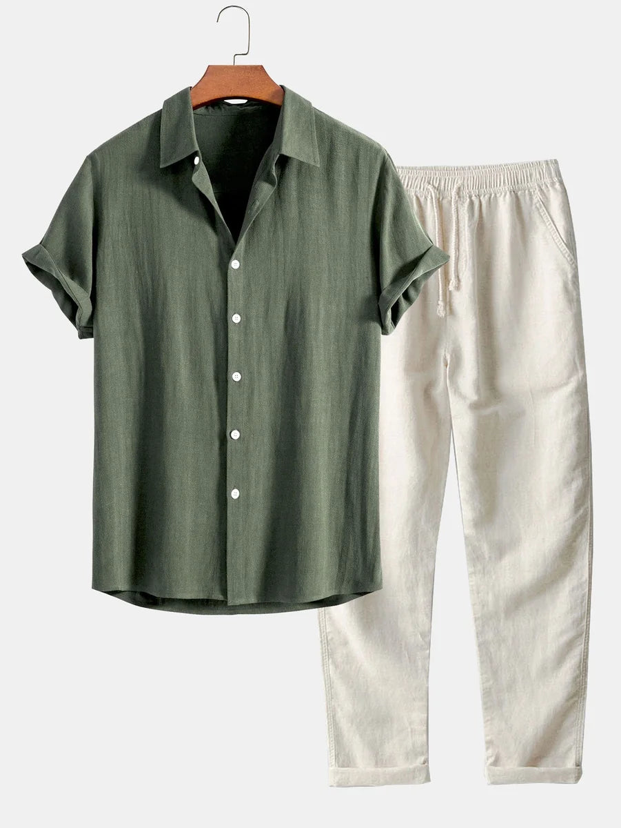 Linen Rayon Blend Button Shirt and Straight-Leg Linen Pants