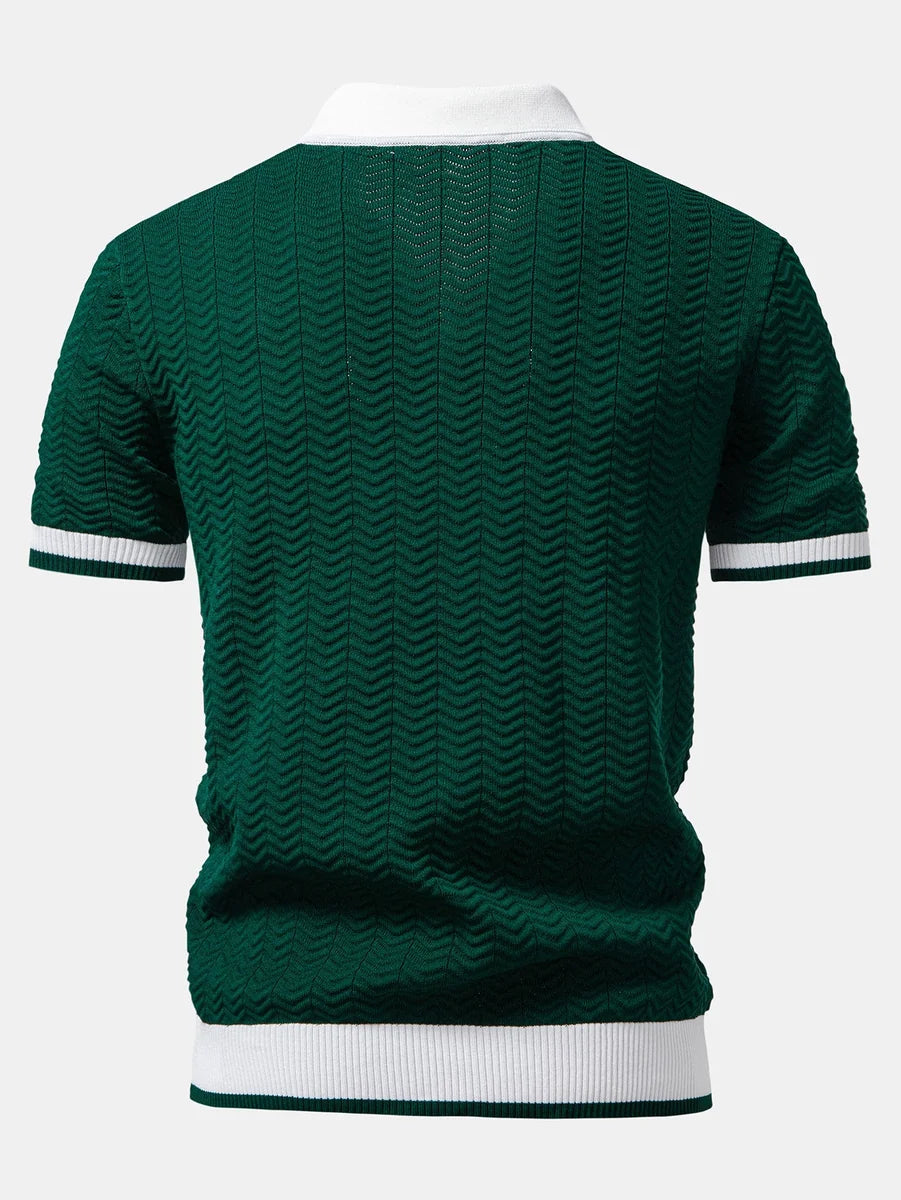 Knit Polo Shirt with Textured Contrast and Slim Tapered Fit Pants