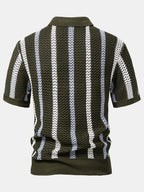 Striped Crochet Polo with V-Neck and Straight-Leg Linen Pants