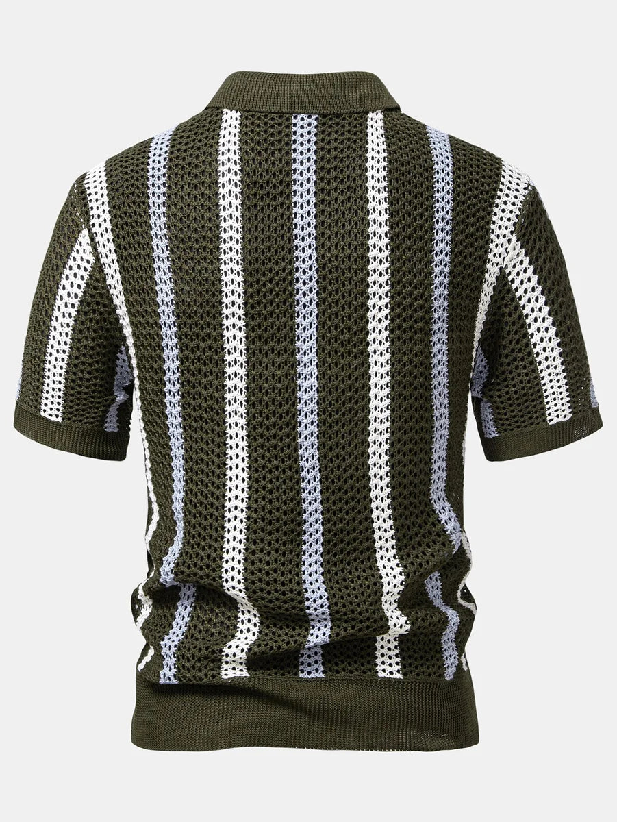 Striped Crochet Polo with V-Neck and Straight-Leg Linen Pants
