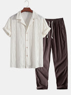 Geometric Jacquard Cuban Shirt and Straight-Leg Linen Pants