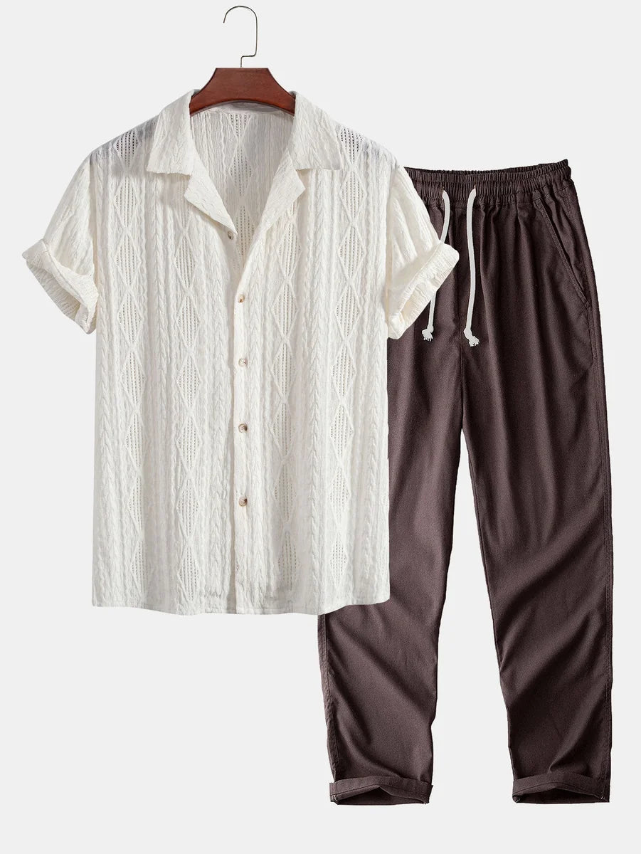 Geometric Jacquard Cuban Shirt and Straight-Leg Linen Pants