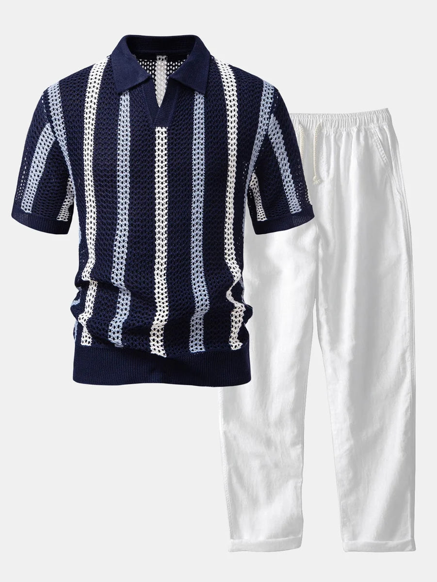 Striped Crochet Polo with V-Neck and Straight-Leg Linen Pants