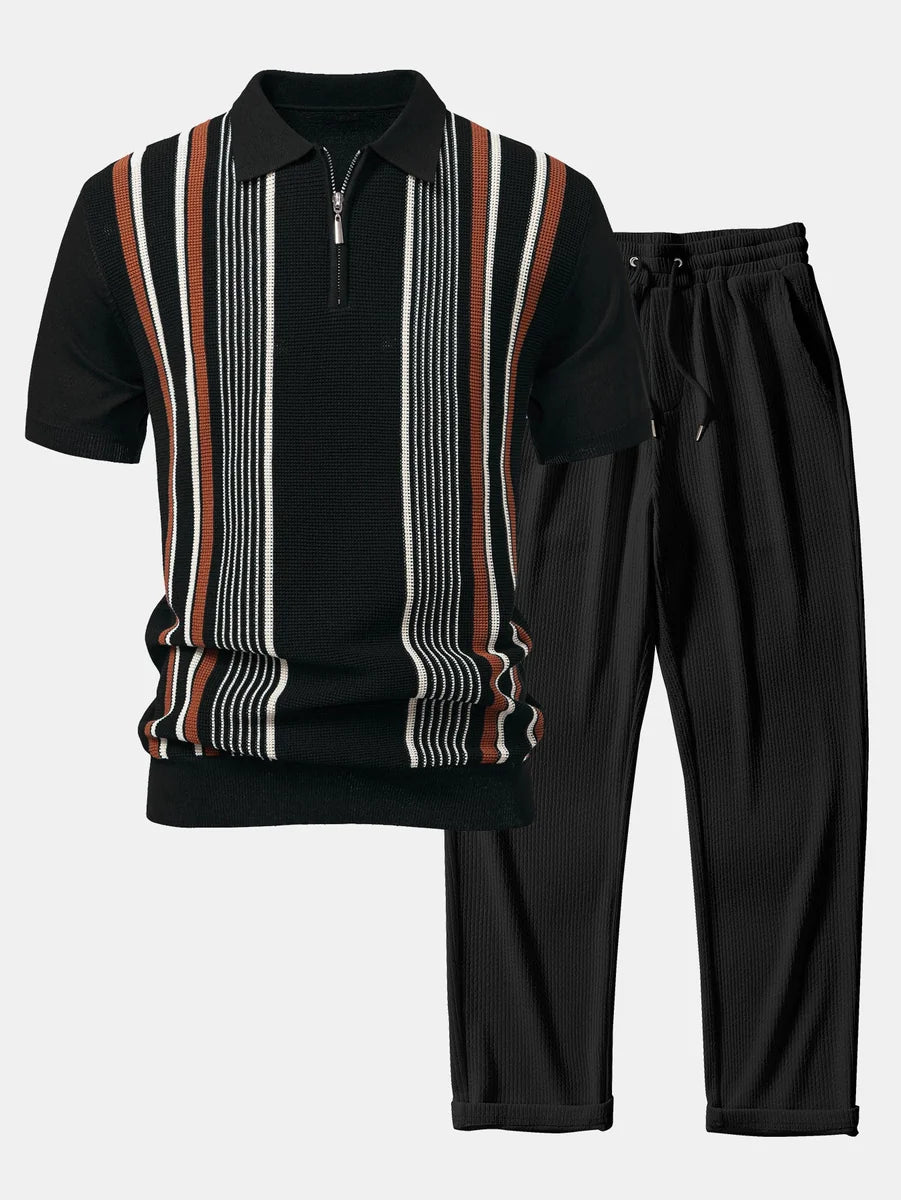Knit Polo Shirt with Zipper & Straight-Leg Ribbed Pants