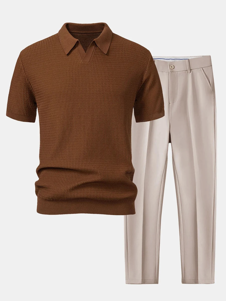 Jacquard Knit Polo with V-Neck and Slim Tapered Pants