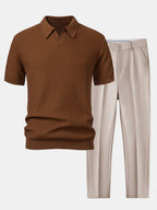 Jacquard Knit Polo with V-Neck and Slim Tapered Pants