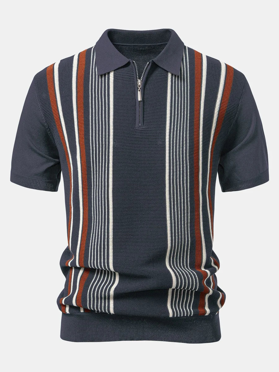 Knit Polo Shirt with Zipper & Straight-Leg Ribbed Pants