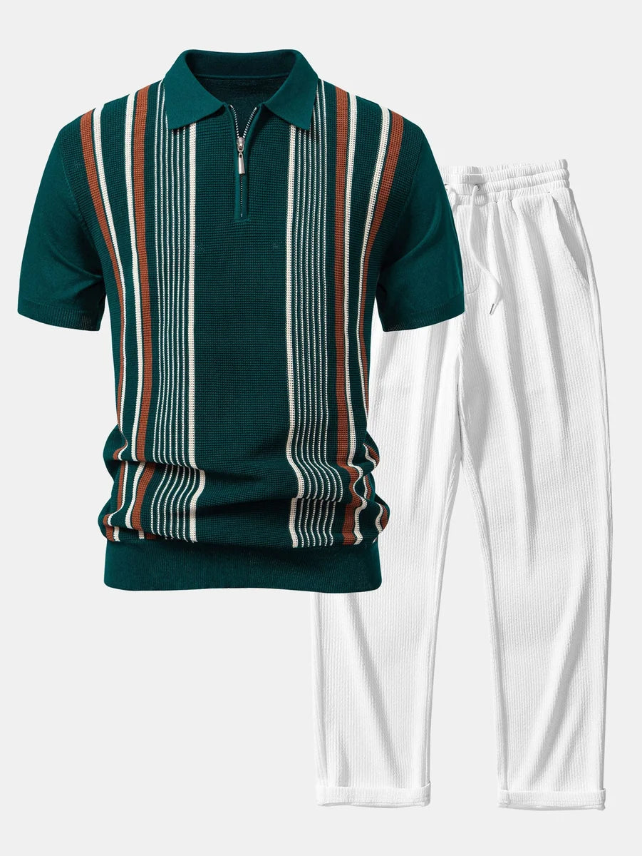 Knit Polo Shirt with Zipper & Straight-Leg Ribbed Pants