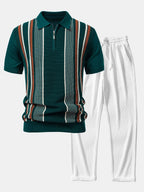 Knit Polo Shirt with Zipper & Straight-Leg Ribbed Pants