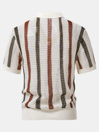 Striped Crochet Polo with V-Neck and Straight-Leg Linen Pants