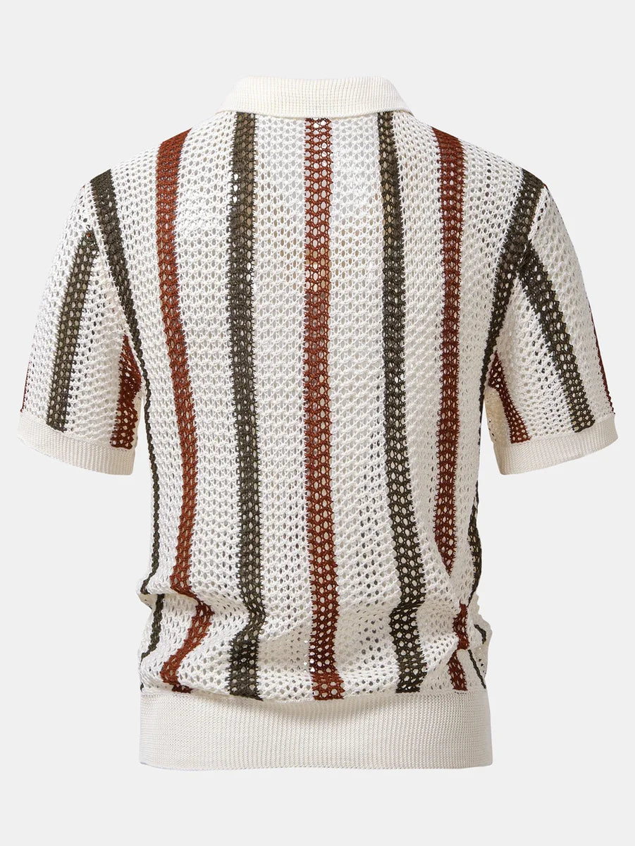 Striped Crochet Polo with V-Neck and Straight-Leg Linen Pants